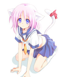  animal_ears blue_eyes cat_ears cat_tail commentary_request female kneeling original pink_hair rai_(rai-s) ribbon school_uniform serafuku solo tail tail_ornament tail_ribbon 