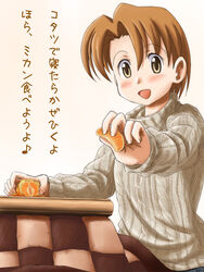  blush brown_eyes brown_hair commentary_request female food fruit fujimoto_atsuko highres kotatsu lielos mandarin_orange original short_hair solo sweater table 