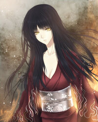  black_hair breasts fatal_frame fatal_frame_4 female haibara_sakuya japanese_clothes kimono long_hair lowres medium_breasts solo yellow_eyes yusa_tk74 