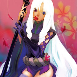  commentary_request female gecco_knight gloves heterochromia japanese_clothes katana katanagatari leaf long_hair maple_leaf solo sword togame weapon white_hair 