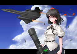  aircraft airplane bad_id bad_pixiv_id black_hair camera cloud day female hat letterboxed looking_at_viewer petag2 shameimaru_aya short_hair sky smile solo sr-71_blackbird tokin_hat touhou vehicle_focus 