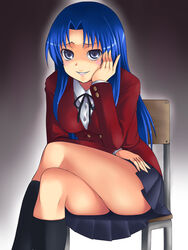  blue_eyes blue_hair chair commentary_request crossed_legs female head_rest highres kawashima_ami kneehighs long_hair purple_eyes school_uniform sitting smile socks solo toradora! yaso_shigeru 