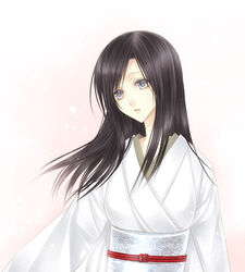  black_hair fatal_frame fatal_frame_1 female grey_eyes himuro_kirie japanese_clothes kimono long_hair lowres right-over-left_kimono solo white_kimono yusa_tk74 