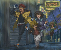  2boys 2girls aisha_clanclan animal_ears bell black_hair blue_eyes braid brown_eyes brown_hair cat_ears cloud collar commentary_request dark_skin fangs fleeing gene_starwind gun handgun highres hirasawa_meio james_hawking melfina_(outlaw_star) multiple_boys multiple_girls neck_bell necktie night night_sky outlaw_star pantyhose photoshop_(medium) red_hair running scar sign sky spandex weapon 