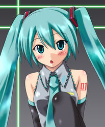  aqua_eyes aqua_hair blush commentary_request detached_sleeves female hatsune_miku hidaka_toworu long_hair partial_commentary solo thighhighs twintails very_long_hair vocaloid 