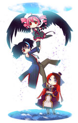  1boy 2girls ahoge bad_id bad_pixiv_id black_hair black_wings blue_eyes chibi crop_top drill_hair flying heterochromia kasane_teto long_hair multiple_girls namine_ritsu otoko_no_ko photoshop_(medium) pink_hair purple_eyes red_eyes red_hair short_twintails sky sparkle tears twin_drills twintails utau vippaloid windbard wings yokune_ruko 