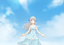  aqua_dress commentary_request darker_than_black day dress female grey_hair long_hair mamefuku ribbon sky smile solo sundress yin_(darker_than_black) 