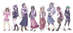  6+girls alternate_costume boots commentary_request contemporary everyone fujiwara_no_mokou highres hood hooded_jacket houraisan_kaguya imperishable_night inaba_tewi jacket kamishirasawa_keine multiple_girls mystia_lorelei pantyhose reisen_udongein_inaba thighhighs tobi_(pixiv36250) touhou wriggle_nightbug yagokoro_eirin 