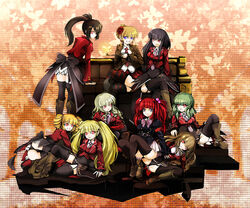  6+girls asmodeus_(umineko) beatrice_(umineko) beelzebub_(umineko) belphegor_(umineko) black_hair blonde_hair boots bow bowtie brown_hair bug butterfly commentary_request drill_hair flower garter_straps green_hair hair_ornament kiseru leviathan_(umineko) lucifer_(umineko) mammon_(umineko) mozu_taiya multiple_girls necktie red_eyes red_hair satan_(umineko) showgirl_skirt skirt smoking_pipe stakes_of_purgatory thighhighs twintails umineko_no_naku_koro_ni ushiromiya_ange vest 