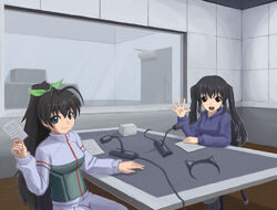  2girls animal_ears black_hair blue_eyes brown_eyes cat_ears commentary_request crossover ganaha_hibiki hood hoodie idolmaster idolmaster_(classic) jacket k-on! long_hair microphone microphone_stand multiple_girls nakano_azusa numakura_manami photoshop_(medium) ponytail postcard radio_booth table tak_(takumi_fortitude) taketatsu_ayana track_suit twintails voice_actor_connection waving 