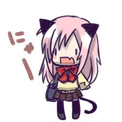  animal_ears bag bow bowtie cat_(trickster) cat_ears cat_tail chibi commentary_request female ichimatsu_shiro long_hair oerba_yun_fang open_mouth pink_hair plaid plaid_skirt pleated_skirt red_bow red_bowtie ribbon shoulder_bag simple_background skin_fang skirt solid_oval_eyes solo tail thighhighs trickster_(ntreev_soft) vinosh_(trickster) white_background zettai_ryouiki 