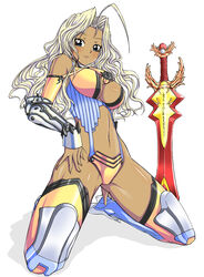  ahoge angel bare_shoulders bastard!! blonde_hair blue_eyes breasts cleavage commentary_request dark-skinned_female dark_skin female gauntlets highres large_breasts long_hair michael_(bastard!!) midriff miitoban photoshop_(medium) solo sword weapon white_hair 