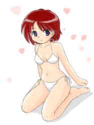  barefoot bikini blue_eyes breasts cleavage collarbone commentary_request female heart kneeling looking_to_the_side marison_(aono107) navel original red_hair short_hair smile solo swimsuit white_bikini 