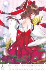  2010 absurdres back bow breasts brown_eyes brown_hair calendar_(medium) female hairbow hakurei_reimu hand_fan highres january ken-1 looking_back medium_breasts red_bow sarashi short_hair sideboob solo touhou 