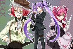  3girls alternate_costume cheria_barnes commentary_request formal glasses gradient_hair ishizue_ei knife maid multicolored_hair multiple_girls pant_suit pants pascal_(tales) photoshop_(medium) pink_hair purple_hair red_hair sophie_(tales) suit tales_of_(series) tales_of_graces tuxedo twintails two-tone_hair two_side_up white_hair 