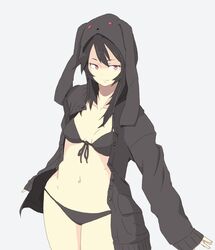  bikini black_bikini black_hair commentary_request darth_wooser female hood long_hair navel original pink_eyes smile solo swimsuit yammy_(cellblo) 