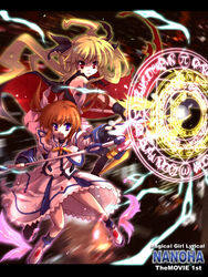  2girls :d bardiche_(glaive_form)_(nanoha) bardiche_(nanoha) blush commentary_request fate_testarossa fate_testarossa_(movie_1st_form) highres long_sleeves looking_at_viewer lyrical_nanoha magic_circle mahou_shoujo_lyrical_nanoha mahou_shoujo_lyrical_nanoha_the_movie_1st multiple_girls open_mouth raising_heart raising_heart_(cannon_mode) red_eyes smile takamachi_nanoha takamachi_nanoha_(movie_1st_mode) uniform utsurogi_angu wand 