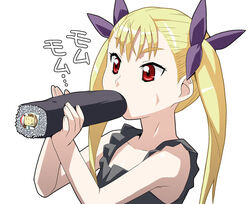  blonde_hair dance_in_the_vampire_bund eating ehoumaki fellatio female food long_hair makizushi mina_tepes oral photoshop_(medium) red_eyes setsubun sexually_suggestive simple_background simulated_fellatio solo sushi twintails upper_body watarabe_keiichi white_background 