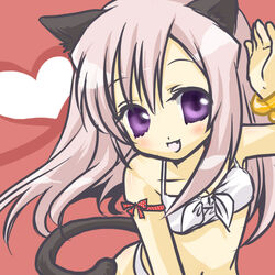  animal_ears arm_ribbon armlet bikini bikini_top_only blush bracelet cat_(trickster) cat_ears cat_tail commentary_request female heart ichimatsu_shiro jewelry long_hair looking_at_viewer oerba_yun_fang open_mouth pink_hair purple_eyes red_background ribbon simple_background smile solo swimsuit tail trickster_(ntreev_soft) white_bikini 