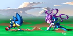  2017 2:1 absurd_res action_pose anthro aquatic_dragon big_eyes big_head blue_body blue_fur boots classic_sonic classic_sonic_(universe) clothed clothing crossover digi-ink-by-marquis dragon duo eulipotyphlan female footwear freedom_planet fur galaxytrail gloves hair handwear hedgehog hi_res hybrid long_hair male mammal marine mythological_creature mythological_scalie mythology outside pose purple_hair sash_lilac scalie sega sonic_the_hedgehog sonic_the_hedgehog_(series) toony 