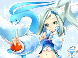  altaria aqua_eyes aqua_hair asymmetrical_hair earrings lucia_(pokemon) midriff navel pointing pokeball pokemon pokemon_(creature) pokemon_(game) ponytail smile tiara 