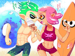  +_+ 1boy :d bikini breasts domino_mask fangs female food green_hair ice_cream ice_cream_cone inkling innertube male_swimwear mask minamidena noses_touching open_mouth orange_eyes paint_splatter pink_hair pointy_ears shirtless short_hair smile splatoon splatoon_2 stomach surfboard swim_trunks swimsuit swimwear symbol-shaped_pupils tentacle_hair translation_request 