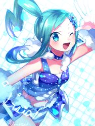  aqua_eyes aqua_hair asymmetrical_hair earrings idol lucia_(pokemon) midriff navel open_mouth pokemon pokemon_(game) ponytail skirt tiara v wink 