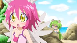  2girls animal_ears beach bird_wings commentary_request day feathers green_hair half-harpy harpy_(muromi-san) highres monster_girl multiple_girls muromi-san namiuchigiwa_no_muromi-san pink_hair red_star_(toranecomet) rock sleeveless wings 