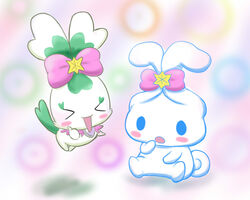  5:4 ambiguous_gender blue_eyes blush canid canine canis cheek_spots chypre cinnamon_(cinnamoroll) cinnamoroll closed_eyes crossover domestic_dog duo embarrassed fairy fur gesture green_body green_fur hand_gesture heart_symbol japanese kapurin laugh long_ears mammal open_mouth open_smile pretty_cure ribbons sanrio sitting smile thumbs_up voice_actor_joke white_body white_fur 