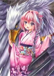  1boy animal astolfo_(fate) bird blush braid commentary_request crossdressing fate/apocrypha fate_(series) furisode hair_ornament hippogriff japanese_clothes kanzashi kimono male_focus marker_(medium) obi obiage obijime open_mouth otoko_no_ko oversized_animal pink_hair pink_kimono purple_eyes sash single_braid smile traditional_media yuto_takumi 