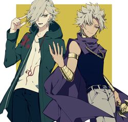  2boys amakusa_shirou_(fate) cape commentary_request cosplay creator_connection danganronpa_(series) danganronpa_2:_goodbye_despair dark-skinned_male dark_skin edmond_dantes_(fate) fate/apocrypha fate/grand_order fate_(series) grey_eyes hair_over_one_eye highres hood jewelry komaeda_nagito komaeda_nagito_(cosplay) look-alike looking_at_another looking_at_viewer male_focus multiple_boys oerba_yun_fang ponytail shirt simple_background smile syubare yami_marik yami_marik_(cosplay) yellow_eyes yu-gi-oh! 