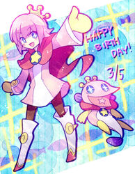  +_+ 1boy arm_up bad_id bad_pixiv_id black_legwear blue_eyes boots cape crown dated dual_persona fish full_body gloves happy_birthday male_focus ocean_prince pantyhose pentacle pink_hair puyopuyo puyopuyo_fever red_cape salde_canarl_shellbrick_iii skirt smile yoriyomo 