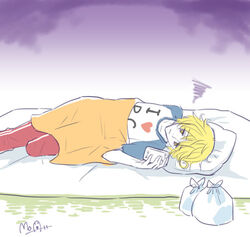  1boy arm_behind_back blanket blonde_hair cellphone colored_skin futon hato_moa hatoful_kareshi heart holding lying male_focus messy_hair nanaki_kazuaki official_art on_side pants personification phone pillow purple_background raglan_sleeves scared shirt signature smartphone solo t-shirt trash_bag unhappy white_skin yellow_eyes 