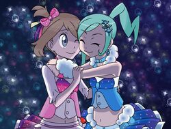  aqua_hair asymmetrical_hair brown_hair bubbles closed_eyes earrings friends gray_eyes happy haruka_(pokemon) hug idol lucia_(pokemon) midriff navel pokemon ponytail ribbon short_hair skirt smile sparkles tiara wink yuri 