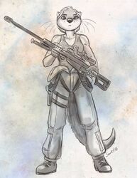  anthro anti-materiel_rifle boots caribou_(artist) clothing coast_guard female flight_suit footwear greyscale gun handgun holding_gun holding_object holding_ranged_weapon holding_weapon holster looking_at_viewer mammal monochrome mustelid otter pistol ranged_weapon rifle scope shirt sniper sniper_rifle solo tank_top topwear traditional_media_(artwork) united_states_of_america weapon 