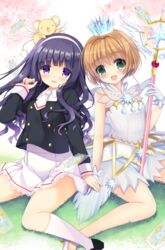  2girls :d bad_id bad_pixiv_id black_footwear black_shirt blush brown_hair cardcaptor_sakura cardcaptor_sakura_clear_card_arc clear_card collared_shirt commentary_request crown daidouji_tomoyo dress gloves grass green_eyes hair_between_eyes hairband high_heels highres holding holding_hands holding_wand kero_(cardcaptor_sakura) kinomoto_sakura kinomoto_sakura_(crystal_feather_dress) kneehighs long_sleeves looking_at_viewer mini_crown multiple_girls necktie open_mouth pleated_skirt purinpurin purple_eyes purple_hair school_uniform shirt shoes short_necktie sitting skirt sleeveless sleeveless_dress smile socks tomoeda_middle_school_uniform wand white_dress white_footwear white_gloves white_hairband white_legwear white_necktie white_skirt yume_no_tsue 