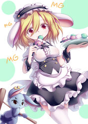  absurdres animal_ears apron arm_up bad_id bad_pixiv_id belly black_hairband black_skirt black_vest blonde_hair breasts center_frills chinese_commentary commentary_request cosplay cowboy_shot dango dior-zi earclip eating eyes_visible_through_hair fake_animal_ears female fleur_de_lapin_uniform food frilled_apron frilled_hairband frilled_shirt frilled_skirt frills gochuumon_wa_usagi_desu_ka? hair_between_eyes hairband headdress highres holding holding_plate kine kirima_syaro kirima_syaro_(cosplay) lolita_hairband looking_at_viewer mallet medium_breasts mg_mg miniskirt plate polka_dot polka_dot_background puffy_short_sleeves puffy_sleeves rabbit rabbit_ears red_eyes ringo_(touhou) sanshoku_dango seiran_(touhou) seiran_(touhou)_(bunny) shirt short_hair short_sleeves skirt smile solo thighhighs touhou underbust vest wagashi waist_apron white_apron white_hair white_shirt white_thighhighs wrist_cuffs 