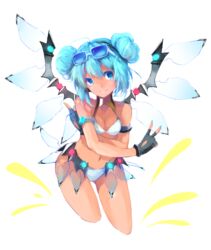  absurdres ahoge aqua_eyes aqua_hair aqua_nails bad_id bad_pixiv_id bare_shoulders bikini blue_eyes blue_hair breasts cleavage dark_skin double_bun eyewear_on_head female fingerless_gloves gloves goodsmile_company goodsmile_racing hair_bun hatsune_miku highres imoko_(imonatsuki) looking_at_viewer mechanical_wings nail_polish navel racing_miku racing_miku_(2013) racing_miku_(2013_sepang_ver.) simple_background solo stomach sunglasses swimsuit tan transparent_wings v vocaloid white_background wings 