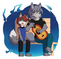  2017 anthro canid canine canis clothing domestic_dog duo fox guitar hi_res husky kouya_(morenatsu) male mammal morenatsu music musical_instrument nordic_sled_dog playing_guitar playing_music plucked_string_instrument romantic romantic_couple shirt simple_background singing sirus sitting spitz string_instrument tank_top topwear whiteleo 