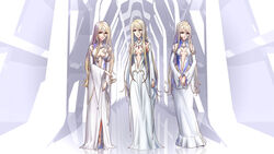  3girls blonde_hair hallway long_hair multiple_girls orange_eyes robe sasha_iscandar siblings sisters standing starsha uchuu_senkan_yamato uchuu_senkan_yamato_2199 ulyssia_iscandar very_long_hair yurisha_iscandar 