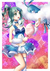  altaria aqua_eyes aqua_hair asymmetrical_hair earrings legs legwear lucia_(pokemon) open_mouth pokemon pokemon_(creature) pokemon_(game) ponytail shorts skirt striped_legwear tiara 