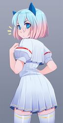  :o baltika_#0 blue_eyes cat_ears eyebrows female iwbitu-sa kneehighs looking_at_viewer pleated_skirt school_uniform shiny short_hair simple_background skirt solo stockings 