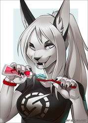  anthro big_ears black_nails bracelet breasts brush clothed clothing colored_nails extinct fangs felid female hair jewelry long_hair looking_at_viewer mammal melloque metroid nails nintendo ponytail prehistoric_species saber-toothed_tiger shirt simple_background smile smirk snow_(snowier) solo teeth text toothbrush toothpaste topwear white_eyes white_hair 