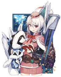  &gt;_&lt; :o albino animal arm_guards bad_id bad_pixiv_id bazelgeuse belt belt_buckle bird black_sclera blush book bow bowtie breasts brigade_(armor) buckle capelet clothed_animal colored_sclera colored_tongue cowboy_shot cropped_legs dragon ears_through_headwear feline felyne female fur-trimmed_hood fur_trim hat hat_feather highres holding holding_book hood hood_up huge_weapon kokosando medium_breasts mini_hat miniskirt monster monster_hunter:_world monster_hunter_(character) monster_hunter_(series) neck_ribbon open_book open_mouth outside_border pink_hat pink_shirt pink_skirt ponytail purple_tongue reading red_bow red_bowtie red_eyes red_ribbon ribbon sharp_teeth shirt short_hair sidelocks skirt standing sweatdrop teeth tobi-kadachi_(armor) water waterfall weapon weapon_on_back whiskers white_hair yellow_eyes 