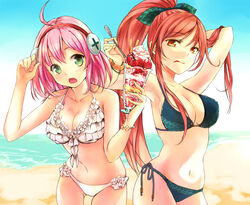  2girls :q ahoge amakawa_hakari armpits arms_up beach bikini blue_bikini blush bracelet breasts brown_eyes cleavage cloud commentary cup day flower_trim food frilled_bikini frills front-tie_top fruit green_eyes hair_ribbon hairband hakka0320 holding holding_cup holding_spoon jewelry koi_suru_edison large_breasts long_hair matsunaka_spica multiple_girls navel ocean open_mouth outdoors parfait photoshop_(medium) pink_hair ponytail red_hair ribbon screw short_hair side-tie_bikini_bottom sky spoon strawberry strawberry_parfait swimsuit symbol-only_commentary thigh_gap tongue tongue_out water white_bikini 