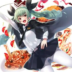  anchovy_(girls_und_panzer) anzio_school_uniform belt black_necktie black_ribbon black_skirt cape commentary_request cowboy_shot dress_shirt drill_hair dutch_angle female food girls_und_panzer green_hair hair_ribbon hand_on_own_hip highres holding holding_riding_crop long_hair long_sleeves looking_at_viewer margherita_pizza miniskirt necktie open_mouth pantyhose pasta pizza pleated_skirt red_eyes ribbon riding_crop school_uniform shirt skirt smile solo sora-bozu spaghetti standing twin_drills twintails white_background white_pantyhose white_shirt 