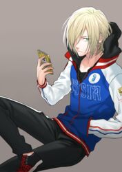  1boy animal_print blonde_hair cellphone commentary_request crossed_legs green_eyes hair_over_one_eye hand_in_pocket hood hood_down hoodie jacket leopard_print male_focus minato_(robin) phone sitting smartphone solo track_jacket yuri!!!_on_ice yuri_plisetsky 