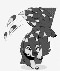  2018 alien ambiguous_gender angoraram angry attack claws digital_drawing_(artwork) digital_media_(artwork) disney experiment_(lilo_and_stitch) feral grey_background greyscale lilo_and_stitch mammal monochrome quills_(anatomy) rodent screentone signature simple_background solo spike_(lilo_and_stitch) 