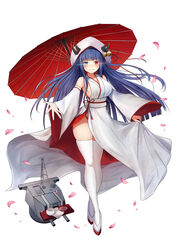  absurdres alcohol alternate_costume azur_lane bell blue_eyes blue_hair breasts character_name commentary_request copyright_name cup detached_sleeves female glowing glowing_eyes heterochromia highres hood horn_bell horns ibuki_(azur_lane) japanese_clothes jingle_bell kannko_bokujou kimono large_breasts long_hair looking_at_viewer multiple_horns oil-paper_umbrella petals photoshop_(medium) red_eyes sakazuki sake shiromuku side_slit solo thighhighs thighs turret uchikake umbrella wataboushi white_thighhighs wide_sleeves 