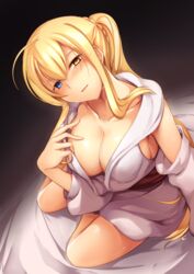  absurdres ahoge bed_sheet blonde_hair blue_eyes blush braid breasts cleavage collarbone come_hither commentary_request eiyuu_chronicle female hair_between_eyes hand_up haribote_(desk_of_coulomb) heterochromia highres large_breasts leaning_forward long_hair looking_at_viewer parted_lips ponytail robe sidelocks sitting smile solo very_long_hair yellow_eyes yokozuwari 